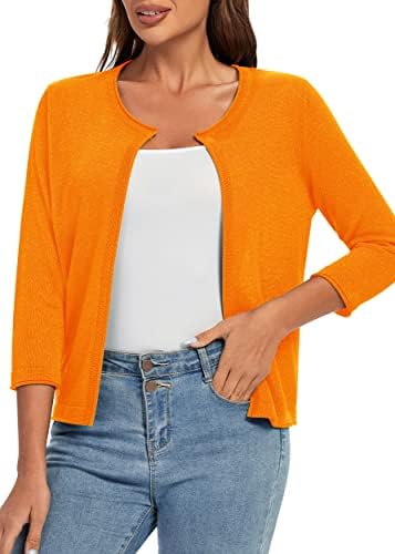 3/4 Sleeve Open Front Shrugs Lightweight Crew Neck Cardigan Sweater, Orange