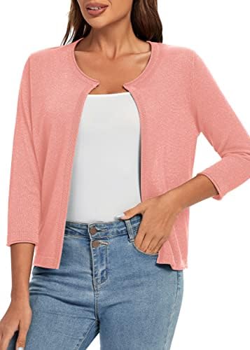 3/4 Sleeve Open Front Shrugs Lightweight Crew Neck Cardigan Sweater, Pink
