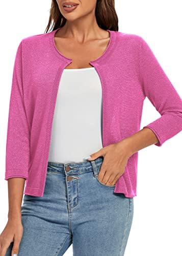 3/4 Sleeve Open Front Shrugs Lightweight Crew Neck Cardigan Sweater, Rose