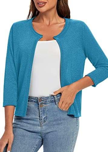 3/4 Sleeve Open Front Shrugs Lightweight Crew Neck Cardigan Sweater, Teal