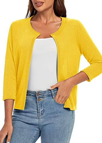 3/4 Sleeve Open Front Shrugs Lightweight Crew Neck Cardigan Sweater, Yellow