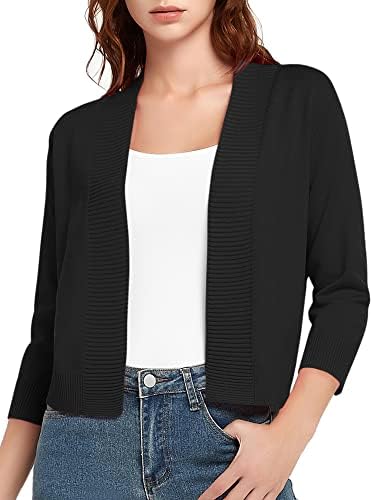 3/4 Sleeve Short Cropped Cardigan Sweaters Lightweight Shrug Sweater Jacket for Dresses, Black