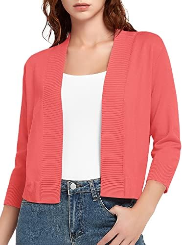 3/4 Sleeve Short Cropped Cardigan Sweaters Lightweight Shrug Sweater Jacket for Dresses, Coral
