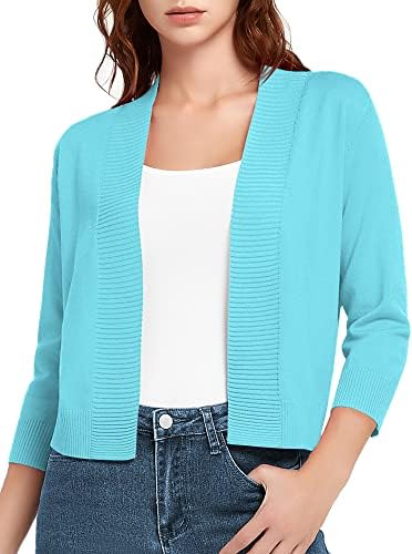 3/4 Sleeve Short Cropped Cardigan Sweaters Lightweight Shrug Sweater Jacket for Dresses, Light Blue