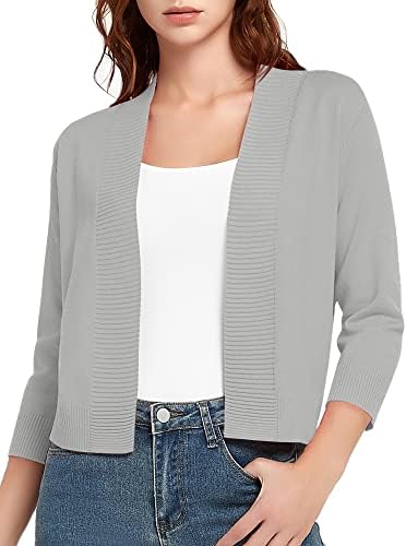 3/4 Sleeve Short Cropped Cardigan Sweaters Lightweight Shrug Sweater Jacket for Dresses, Light Gray