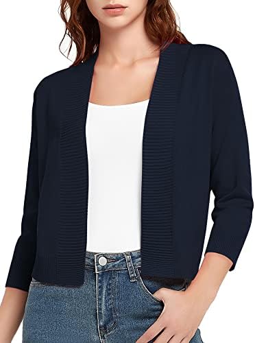 3/4 Sleeve Short Cropped Cardigan Sweaters Lightweight Shrug Sweater Jacket for Dresses, Navy Blue