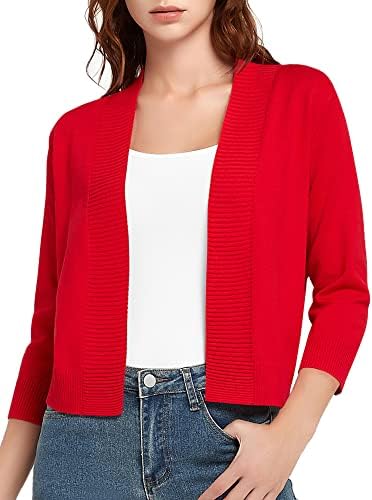 3/4 Sleeve Short Cropped Cardigan Sweaters Lightweight Shrug Sweater Jacket for Dresses, Red