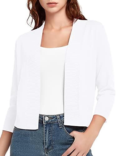 3/4 Sleeve Short Cropped Cardigan Sweaters Lightweight Shrug Sweater Jacket for Dresses, White