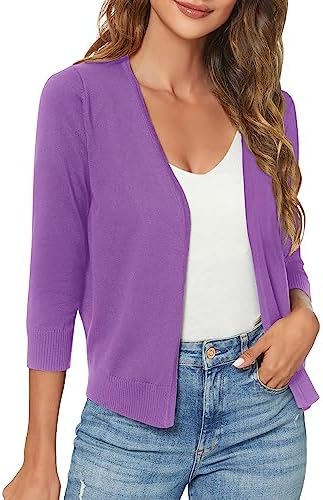 3/4 Sleeve Shrugs Open Front Cropped Sweater Cardigan, Light Purple