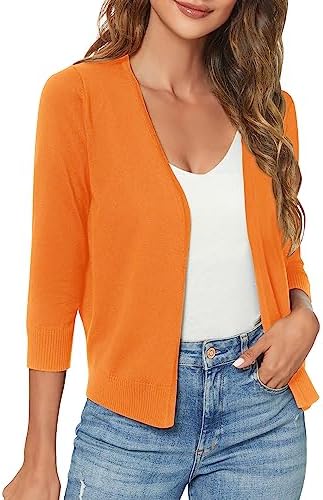 3/4 Sleeve Shrugs Open Front Cropped Sweater Cardigan, Orange