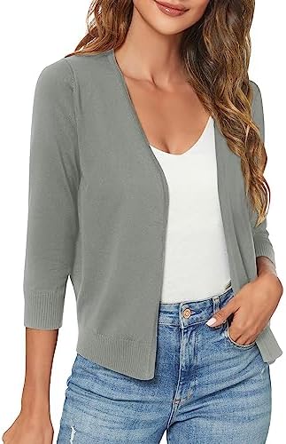 3/4 Sleeve Shrugs Open Front Cropped Sweater Cardigan, Washed Olive
