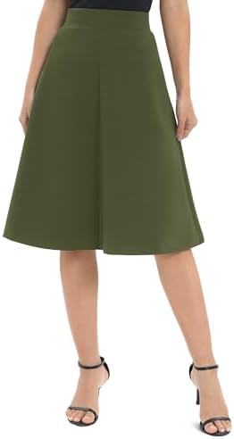 A-Line Elastic High Waist Flare Work Midi Knee Length Stretchy Skirt, Army Green