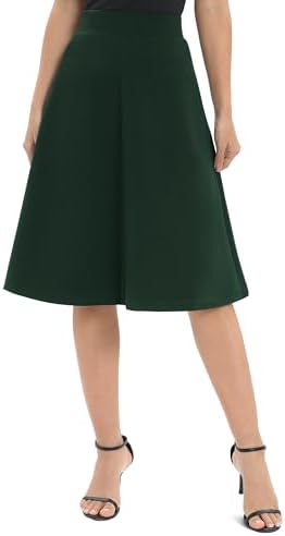 A-Line Elastic High Waist Flare Work Midi Knee Length Stretchy Skirt, Blackish Green