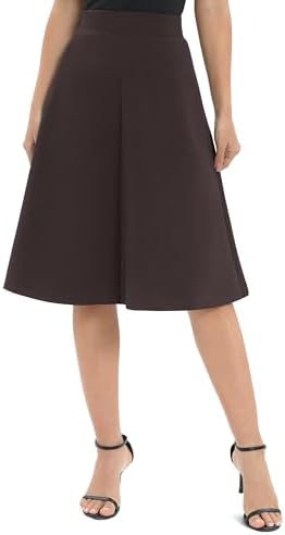 A-Line Elastic High Waist Flare Work Midi Knee Length Stretchy Skirt, Brown