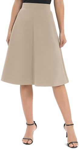 A-Line Elastic High Waist Flare Work Midi Knee Length Stretchy Skirt, Camel