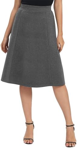 A-Line Elastic High Waist Flare Work Midi Knee Length Stretchy Skirt, Deep Grey