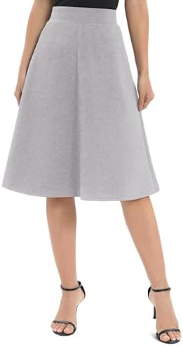 A-Line Elastic High Waist Flare Work Midi Knee Length Stretchy Skirt, Heather Grey