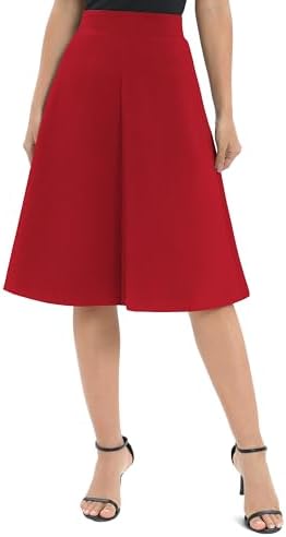 A-Line Elastic High Waist Flare Work Midi Knee Length Stretchy Skirt, Red