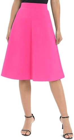 A-Line Elastic High Waist Flare Work Midi Knee Length Stretchy Skirt, Rose