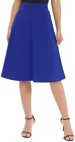 A-Line Elastic High Waist Flare Work Midi Knee Length Stretchy Skirt, Royal Blue