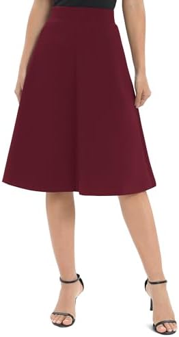 A-Line Elastic High Waist Flare Work Midi Knee Length Stretchy Skirt, Wine Red