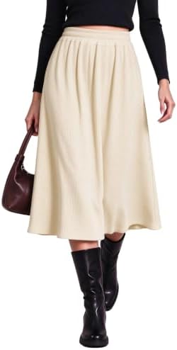 A-Line Midi Skirt Elastic High Waist Pull On Ribbed Knit, Beige