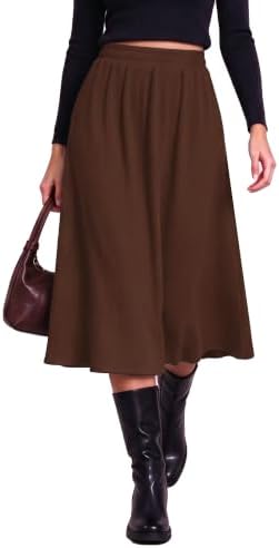 A-Line Midi Skirt Elastic High Waist Pull On Ribbed Knit, Coffee