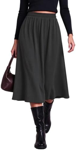 A-Line Midi Skirt Elastic High Waist Pull On Ribbed Knit, Deep Grey