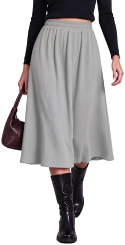 A-Line Midi Skirt Elastic High Waist Pull On Ribbed Knit, Light Grey