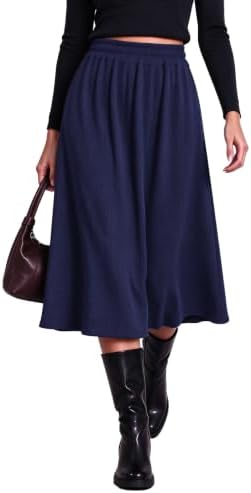 A-Line Midi Skirt Elastic High Waist Pull On Ribbed Knit, Navy Blue