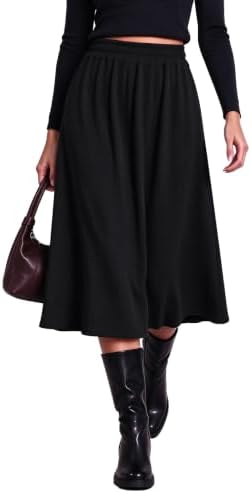 A-Line Midi Skirt Elastic High Waist Pull On Ribbed Knit
