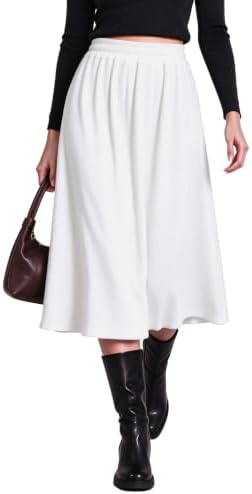 A-Line Midi Skirt Elastic High Waist Pull On Ribbed Knit, White