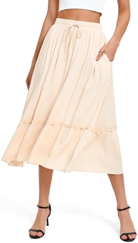 A Line Midi Skirt Elastic High Waist with Pockets, Beige