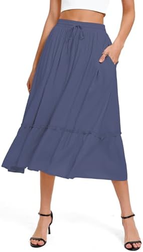 A Line Midi Skirt Elastic High Waist with Pockets, Blue