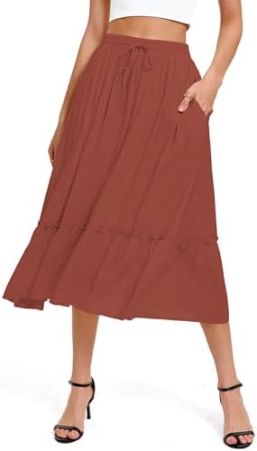 A Line Midi Skirt Elastic High Waist with Pockets, Caramel