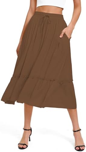 A Line Midi Skirt Elastic High Waist with Pockets, Coffee