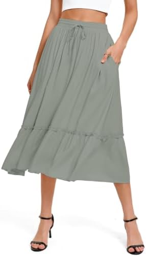 A Line Midi Skirt Elastic High Waist with Pockets, Grey