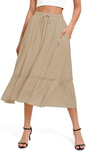 A Line Midi Skirt Elastic High Waist with Pockets, Khaki