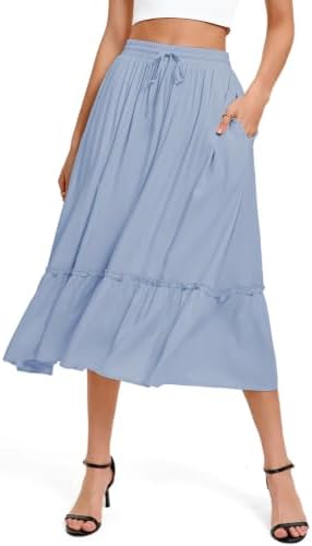 A Line Midi Skirt Elastic High Waist with Pockets, Light Blue