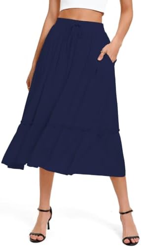 A Line Midi Skirt Elastic High Waist with Pockets, Navy Blue