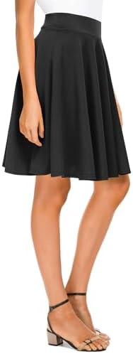 Basic Midi Skirt Versatile Stretchy Flared Casual High Waisted Skirt, Black