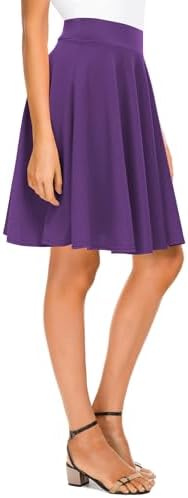 Basic Midi Skirt Versatile Stretchy Flared Casual High Waisted Skirt, Deep Purple Long