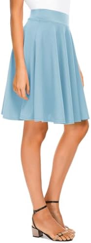 Basic Midi Skirt Versatile Stretchy Flared Casual High Waisted Skirt, Light Blue Long