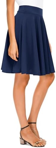 Basic Midi Skirt Versatile Stretchy Flared Casual High Waisted Skirt, Navy Long