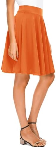 Basic Midi Skirt Versatile Stretchy Flared Casual High Waisted Skirt, Orange Long