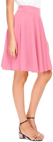 Basic Midi Skirt Versatile Stretchy Flared Casual High Waisted Skirt, Pink Long