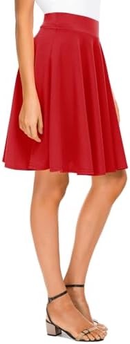 Basic Midi Skirt Versatile Stretchy Flared Casual High Waisted Skirt, Red Long