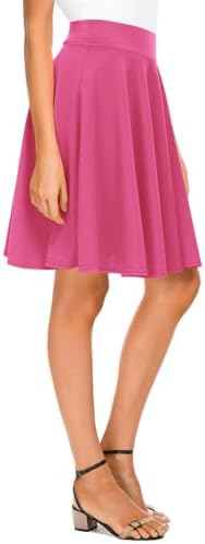Basic Midi Skirt Versatile Stretchy Flared Casual High Waisted Skirt, Rose Long