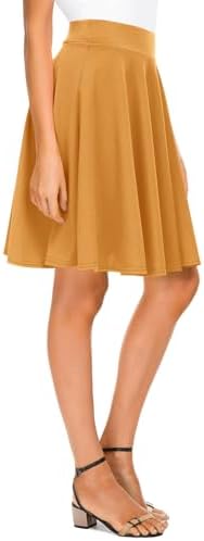 Basic Midi Skirt Versatile Stretchy Flared Casual High Waisted Skirt, Turmeric Long