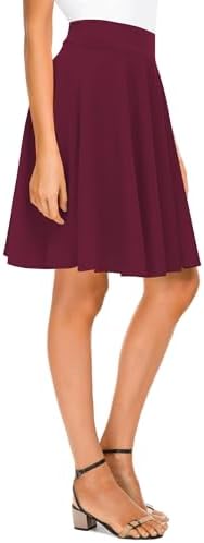 Basic Midi Skirt Versatile Stretchy Flared Casual High Waisted Skirt, Wine Red Long